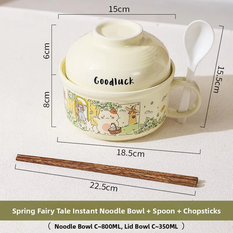Spring Fairy Tale Instant Noodle kawaii ramen bowl with Spoon and Chopsticks, shown with measurements on a white background.