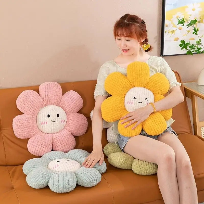 Woman sitting on a couch with flower-shaped kawaii cushions