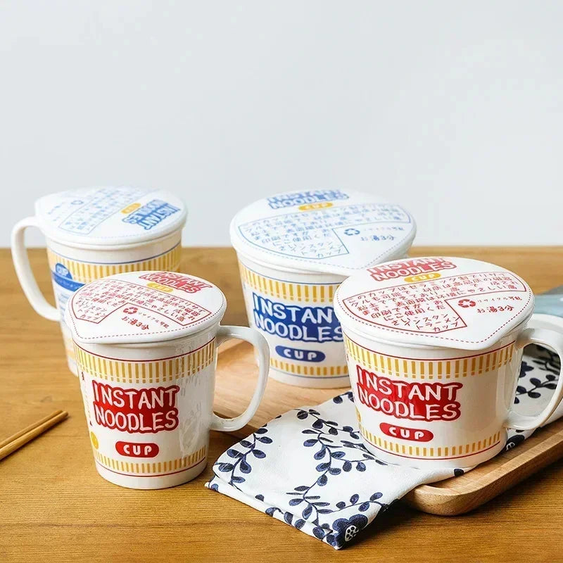 Four red and blue instant noddles kawaii ramen bowls on a table