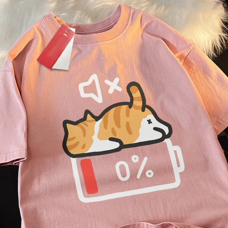 Pink t-shirt with a kawaii cat graphic and '0%' battery symbol on a fluffy white background