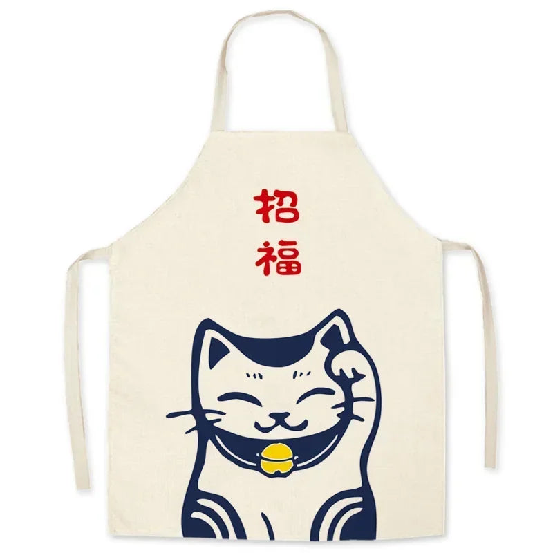 Beige kawaii apron with a cartoon cat design and red Chinese characters on a white background