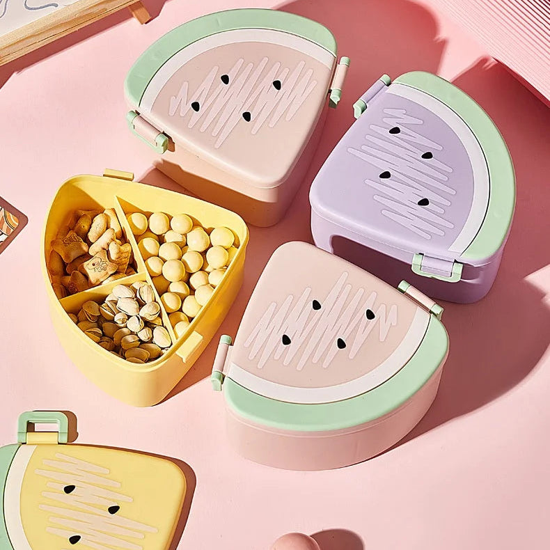 Set of watermelon-shaped kawaii bento boxes on a pink background with text 'Candy box' and 'Delicious treats Full of vitality at any time'.