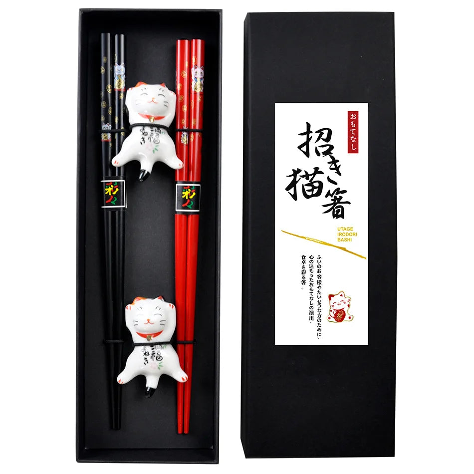 Chopsticks with lucky kawaii cat design in a black box packaging