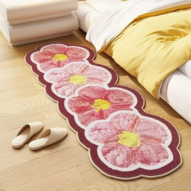 Floral patterned kawaii rug on a wooden floor with shoes nearby