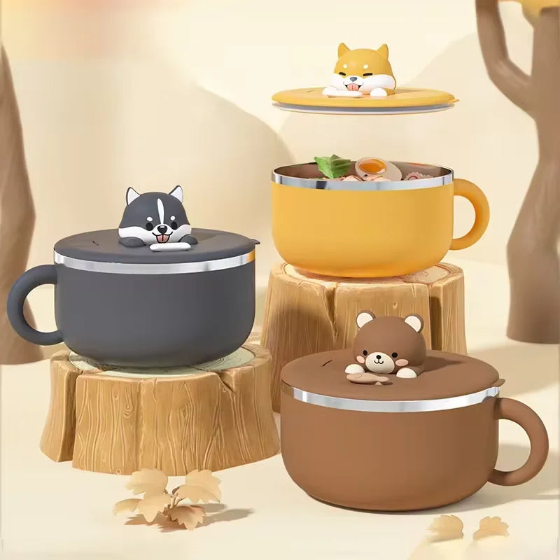 Three pet themed kawaii ramen bowl on a table