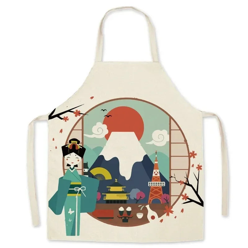 Kawaii apron with a colorful design featuring Mount Fuji, a geisha, and the Eiffel Tower on a white background.