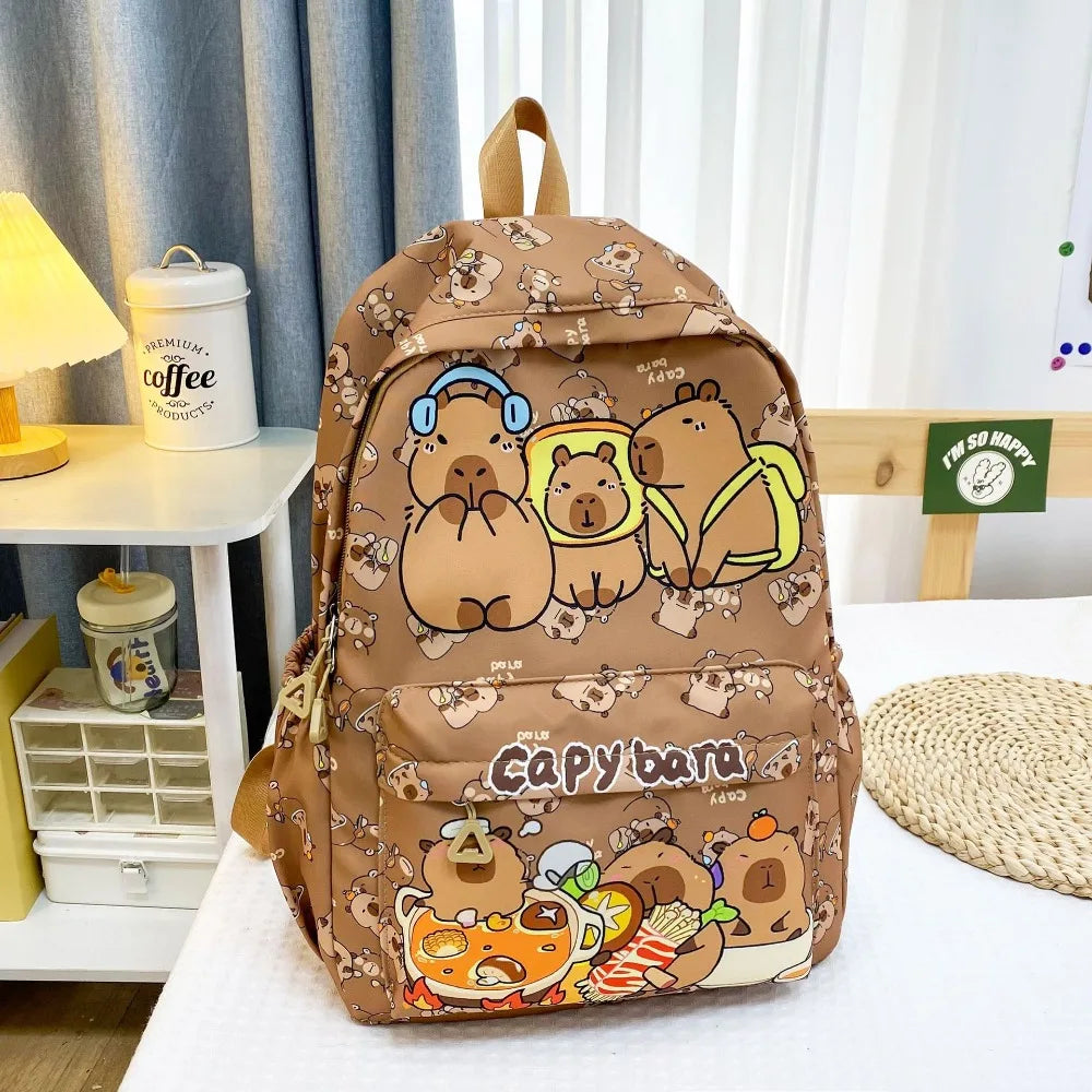 Backpack with cartoon Kawaii animal design on a table