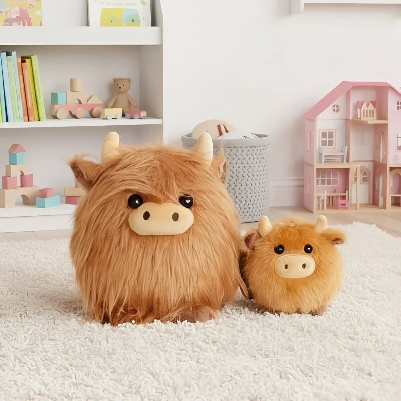Two fluffy brown kawaii plush toys resembling Highland cows on a white carpet with children's toys in the background.