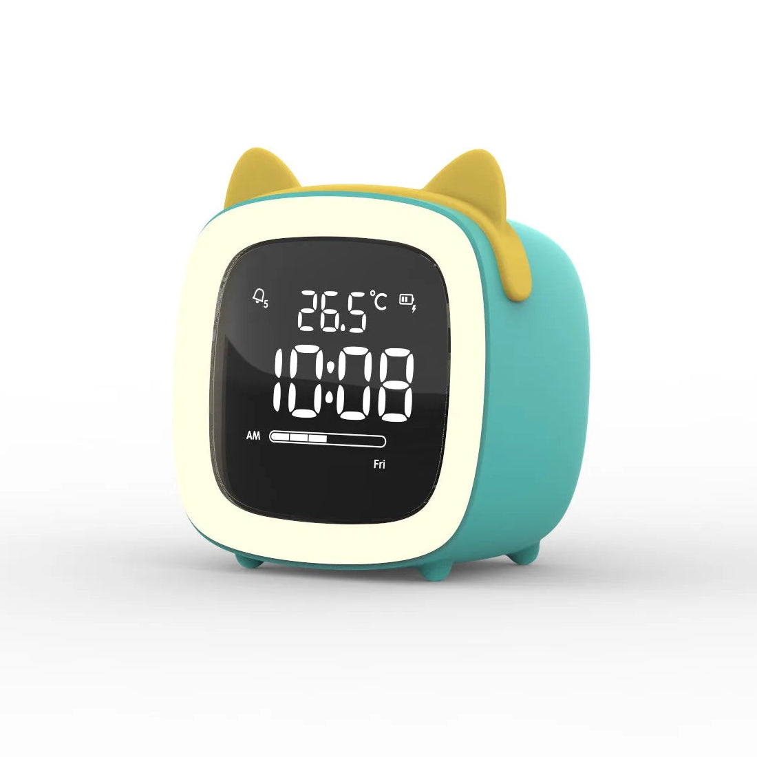 Children's kawaii digital clock with cat ears on a white background