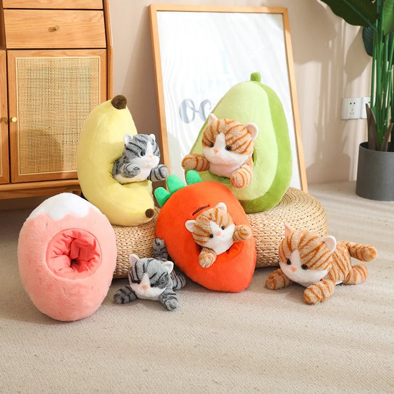 Kawaii plush toys shaped like fruits and animals on a carpeted floor with a framed picture in the background.