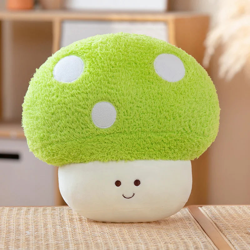 Green kawaii plush mushroom toy with a smiling face on a wooden surface.