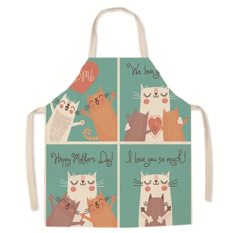Children's kawaii apron with cat illustrations and Mother's Day text on a white background