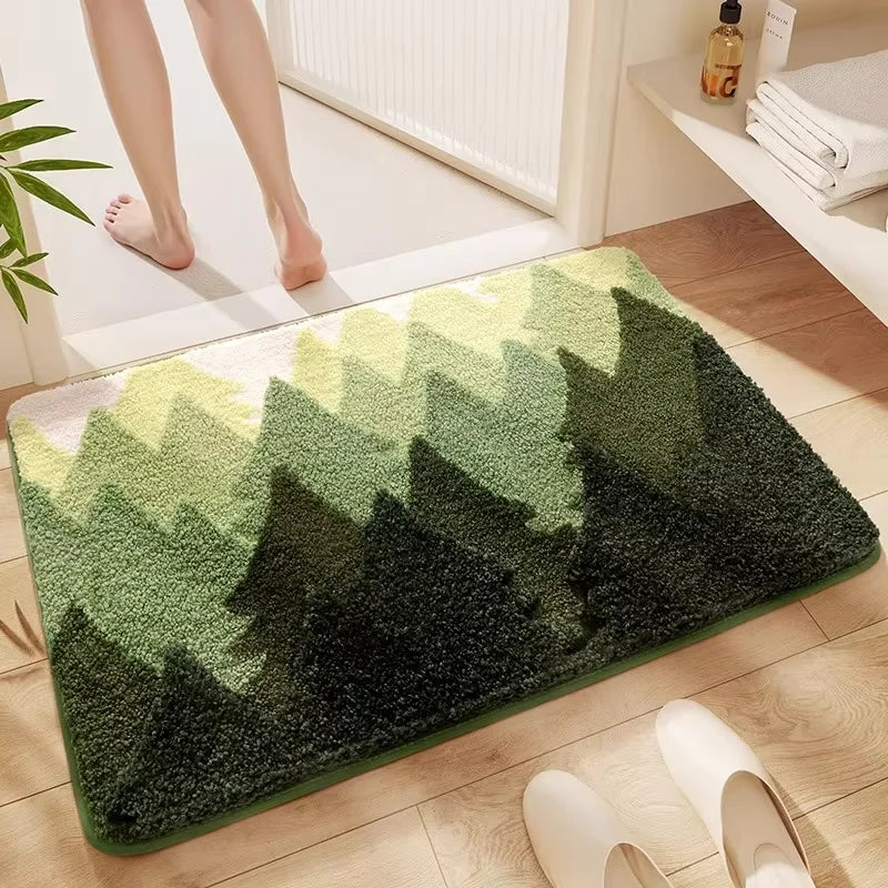 Green gradient kawaii bath mat on a wooden floor with a person entering a bathroom.