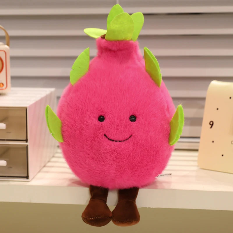 Pink kawaii plush toy with green leaves on a shelf