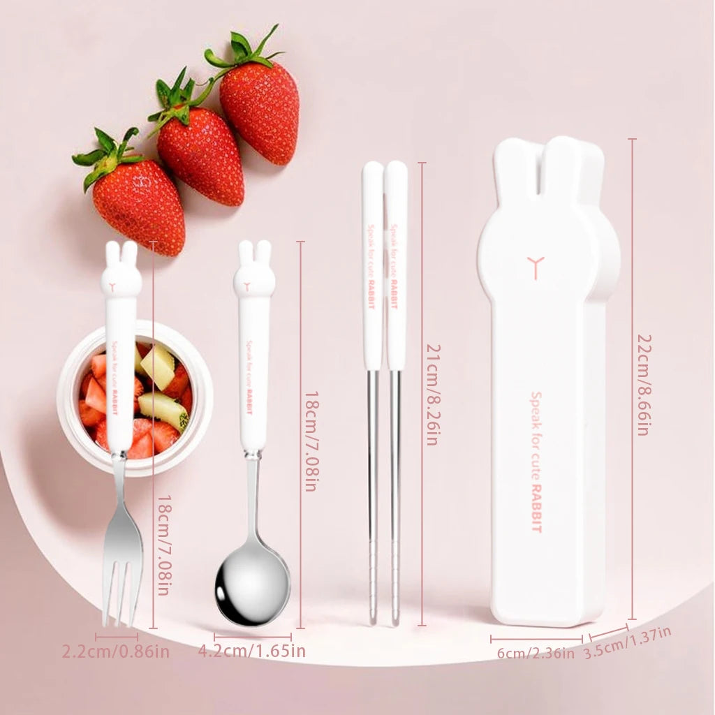 Set of silver kawaii utensils with measurements on a pink background