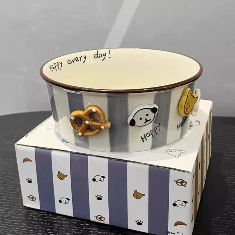 A small striped kawaii ramen bowl with 3D designs throughout