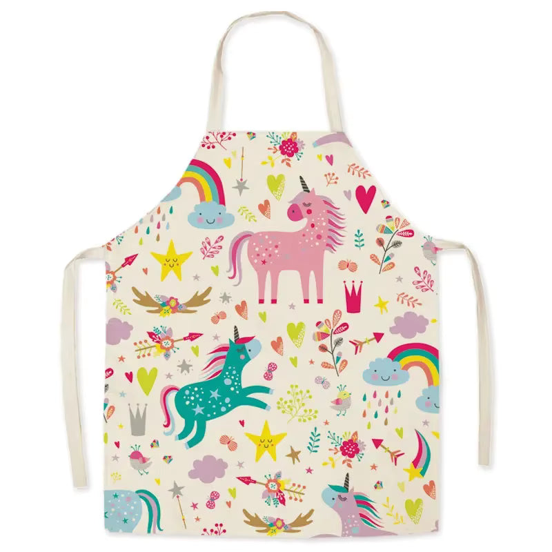 Children's kawaii apron with colorful unicorn and floral pattern on a white background