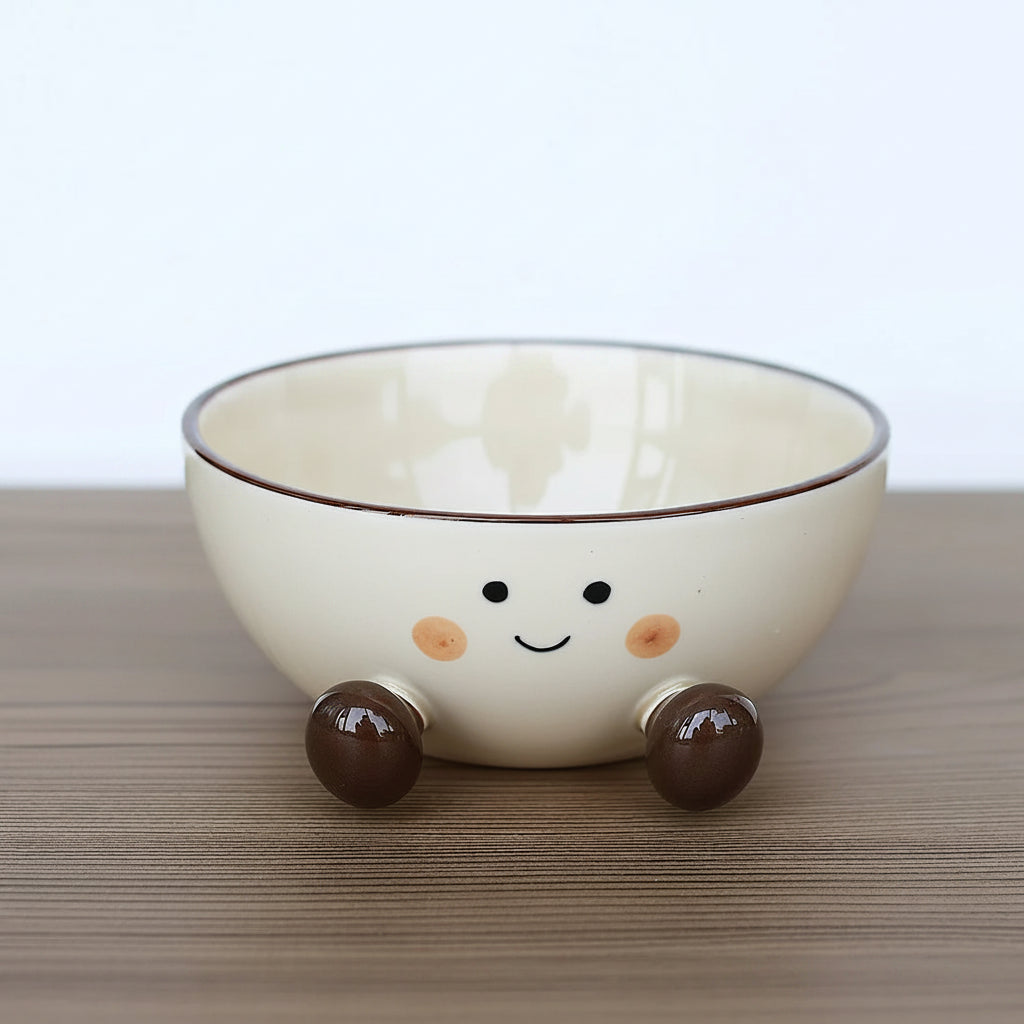 Ceramic kawaii ramen bowl with a smiley face design on a wooden surface, showing measurements and weight capacity.