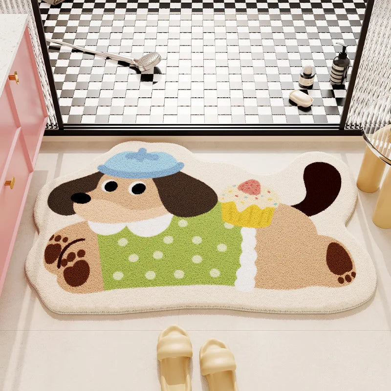 Cute dog-shaped kawaii bath mat with a checkered floor and pink cabinet in the background