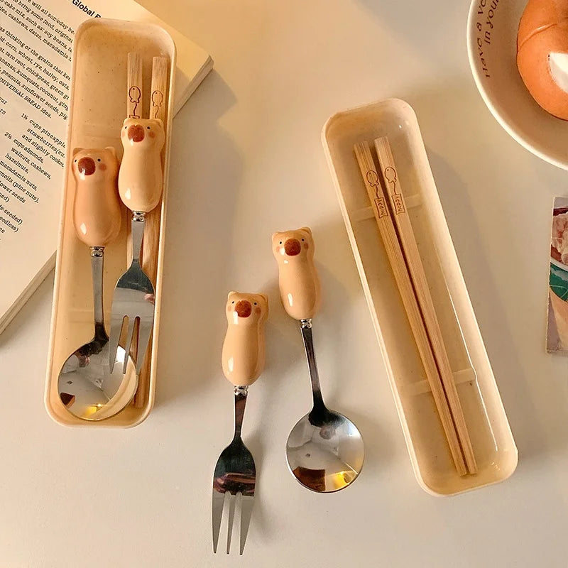 Capybara shaped kawaii utensils on a table