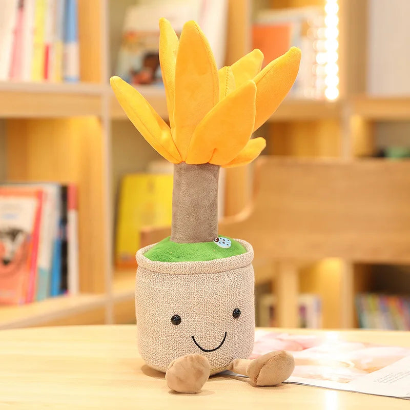 Plush kawaii toy resembling a potted plant with a smiling face on a wooden surface.