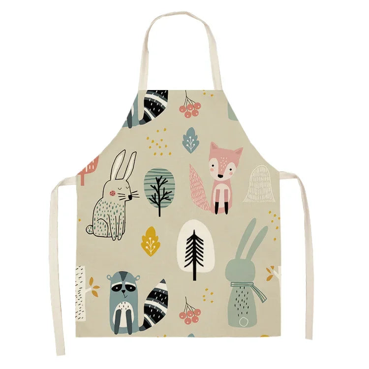 Children's kawaii apron with forest animal illustrations on a beige background
