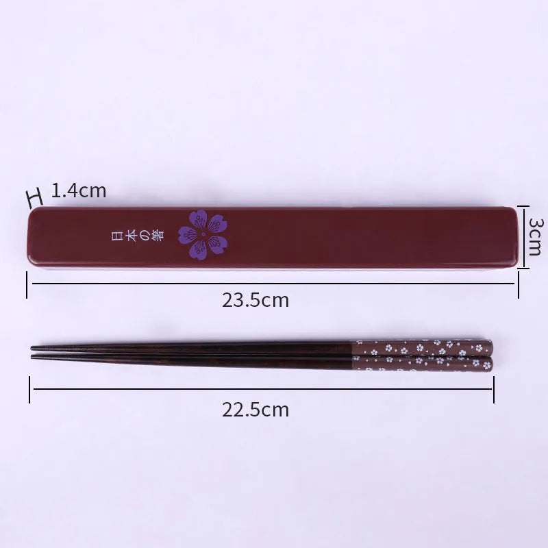 Kawaii chopsticks with a case and measurements on a white background