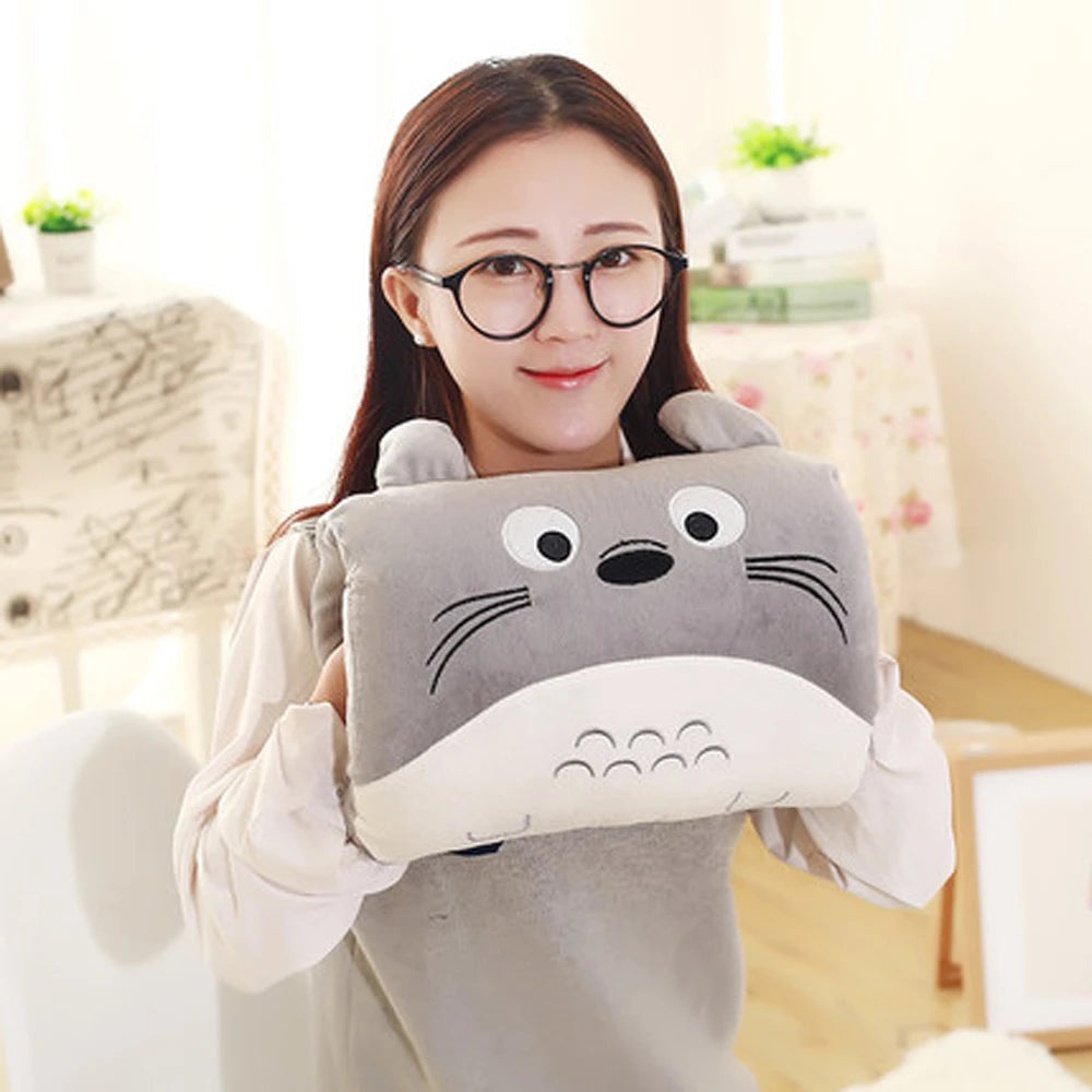 Woman holding a kawaii cartoon character-shaped pillow in a bright room