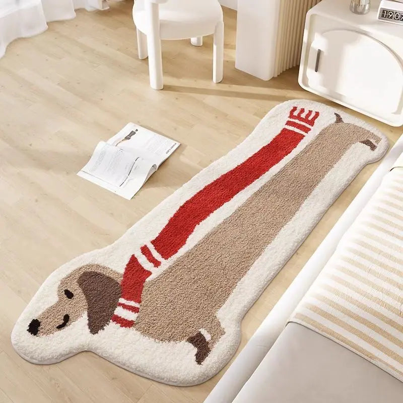 Dog-shaped kawaii bath mat with red collar on a wooden floor