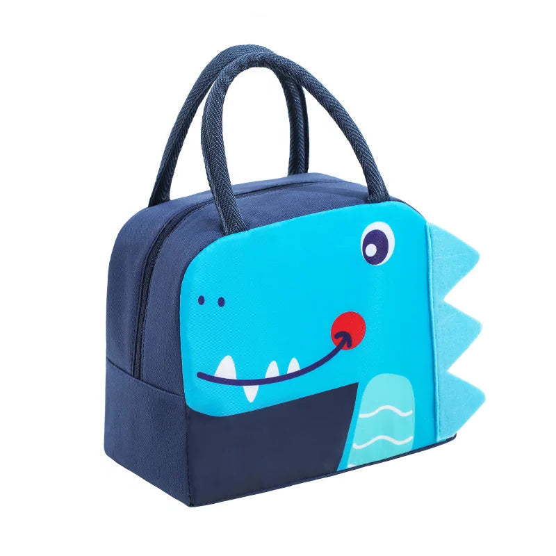 Navy blue kawaii lunch bag with a cartoon dinosaur design on a white background