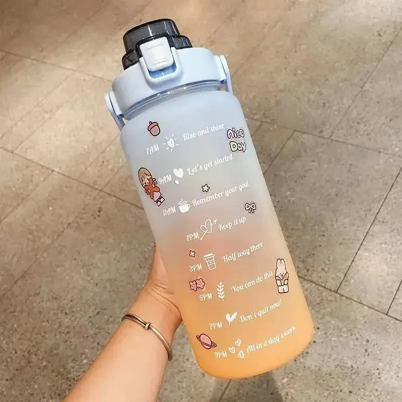 Gradient kawaii water bottle with motivational text and graphics held by a person on a tiled floor.