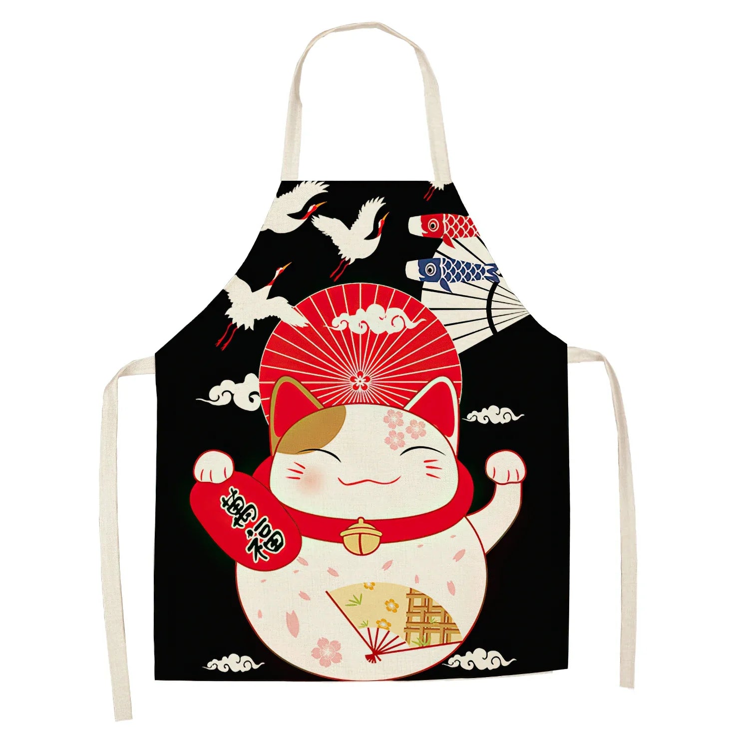 Apron with a cartoon cat Kawaii design on a black background