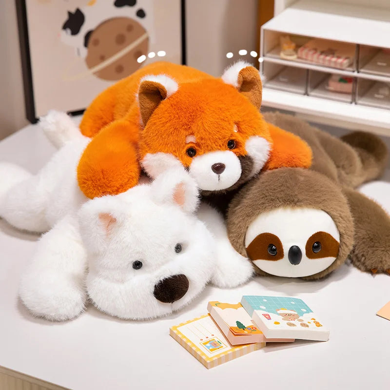 Two kawaii plush toys, one orange and one brown, sitting on a surface with small books in front.