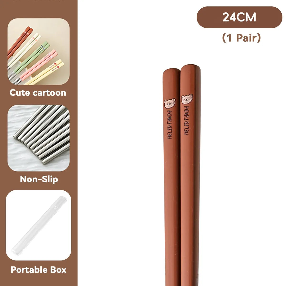 Pair of brown kawaii chopsticks with cartoon design on a white background
