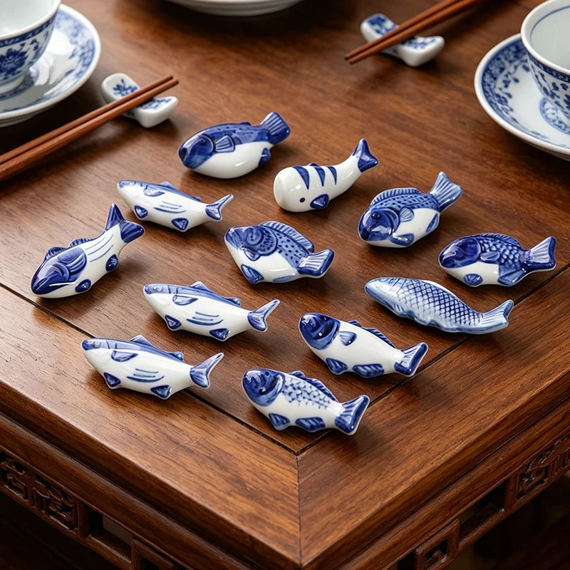 A group of ceramic fish kawaii chopstick holders