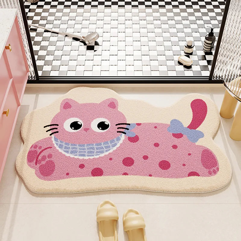 Pink cat-shaped kawaii rug on a checkered floor with shoes nearby