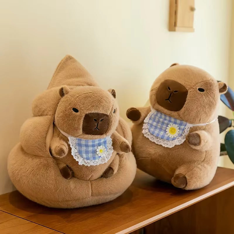Two kawaii plush toy bears with blue checkered bibs on a wooden surface.