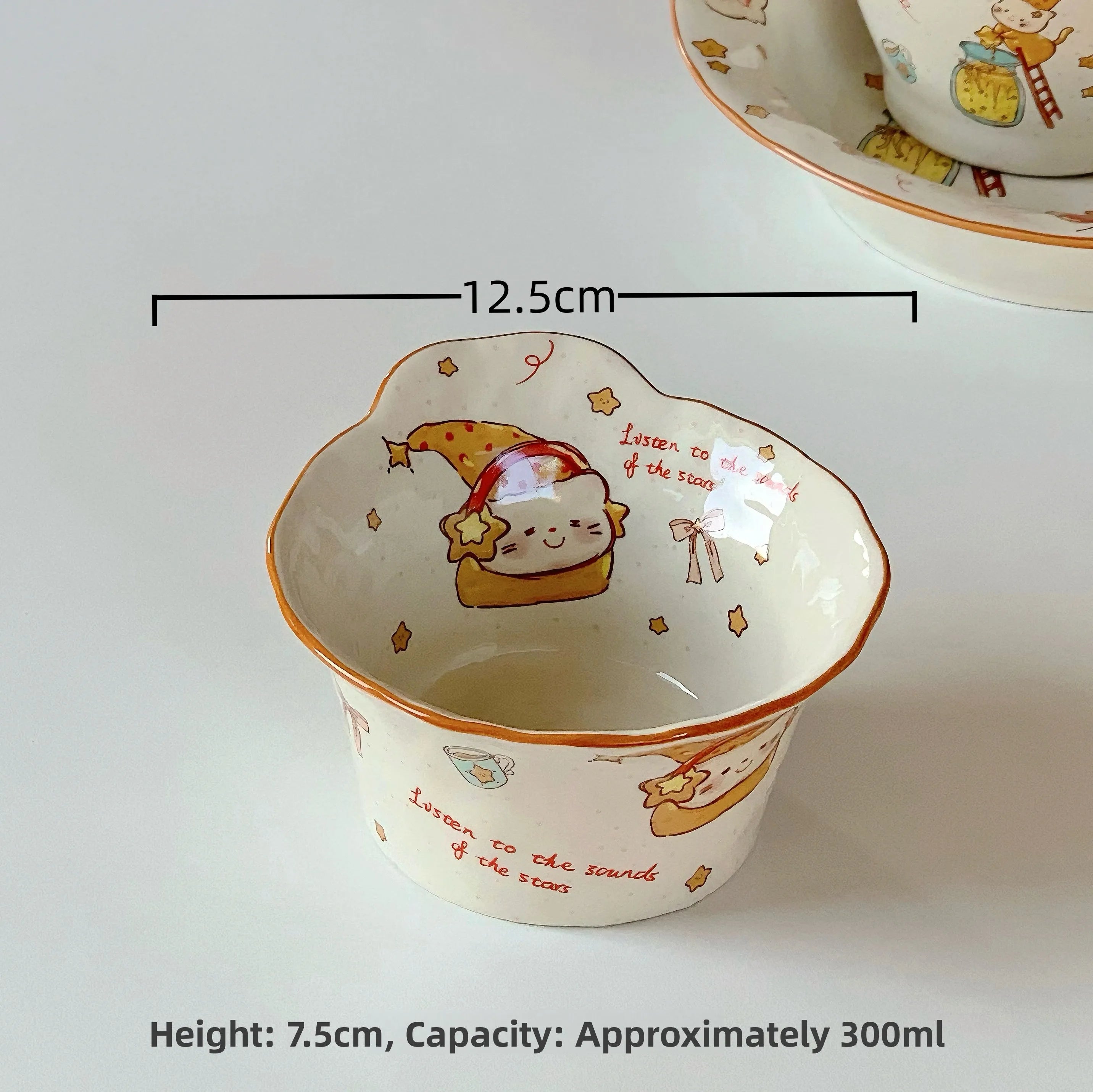 Ceramic kawaii ramen bowl with cartoon design and measurements on a white background