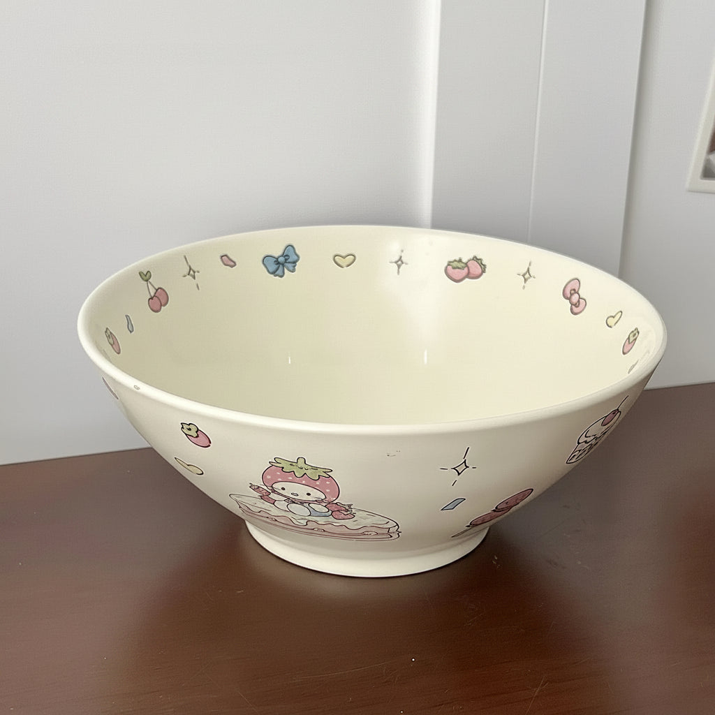 White ceramic kawaii ramen bowl with cartoon character design on a wooden surface.