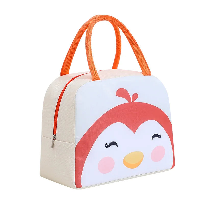 Penguin-themed kawaii lunch bag with orange handles on a white background