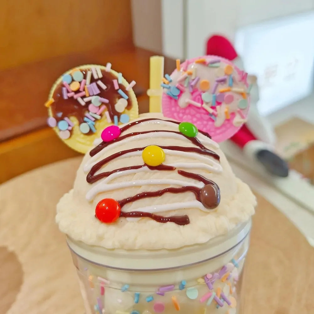 Ice cream shaped kawaii cups with colorful toppings on a wooden surface