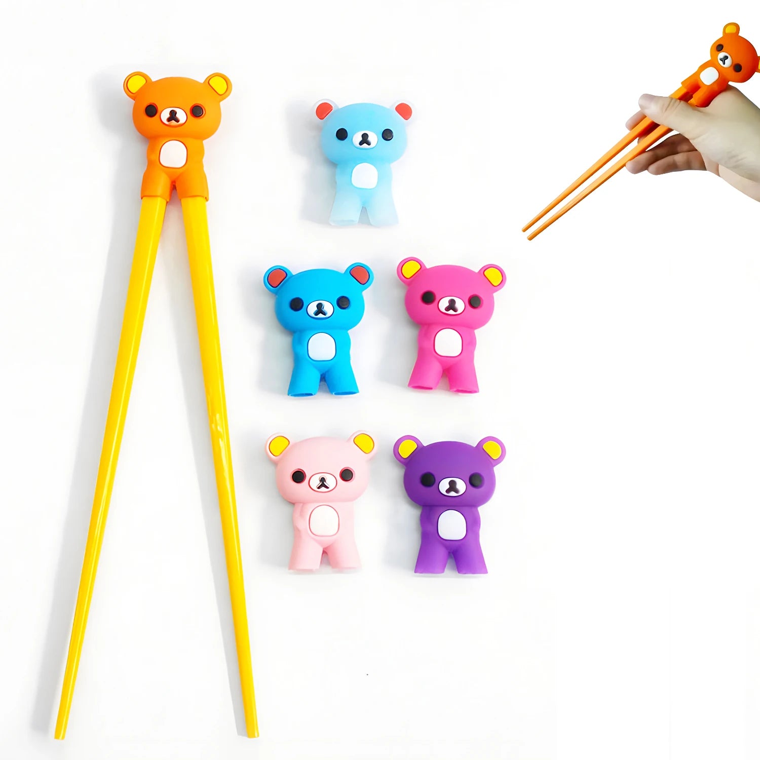 Colorful bear-shaped kawaii chopstick rests on a white background