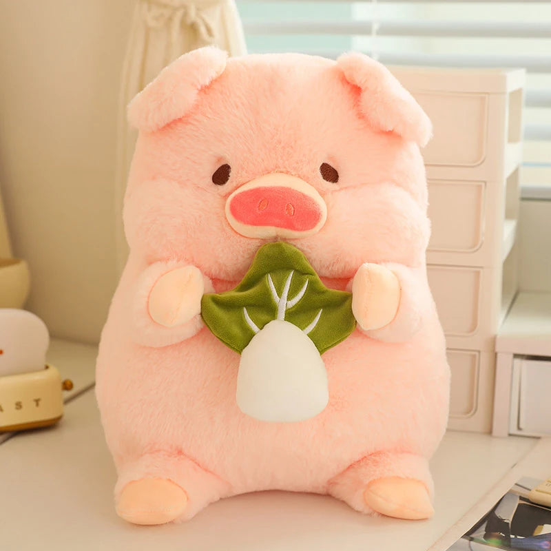Kawaii plush toy pig with a green leaf on a light background