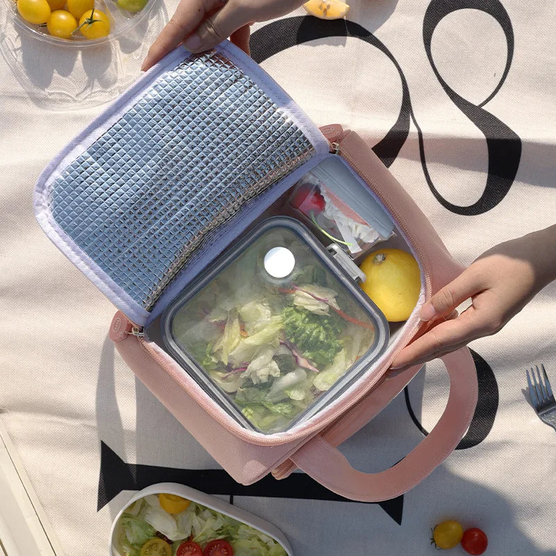 Pink and blue kawaii lunch box with a salad inside, held by hands on a light background.