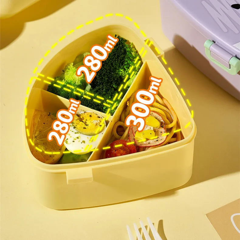 Yellow kawaii bento box with compartments containing food items and volume indicators on a yellow background.