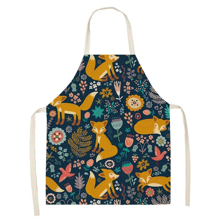 Children's kawaii apron with fox and floral pattern on a blue background