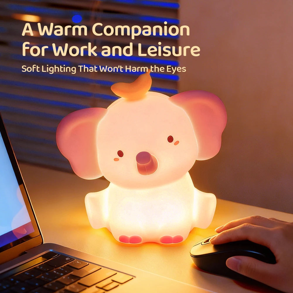 Cute animal-shaped kawaii night light on a desk with text about its benefits