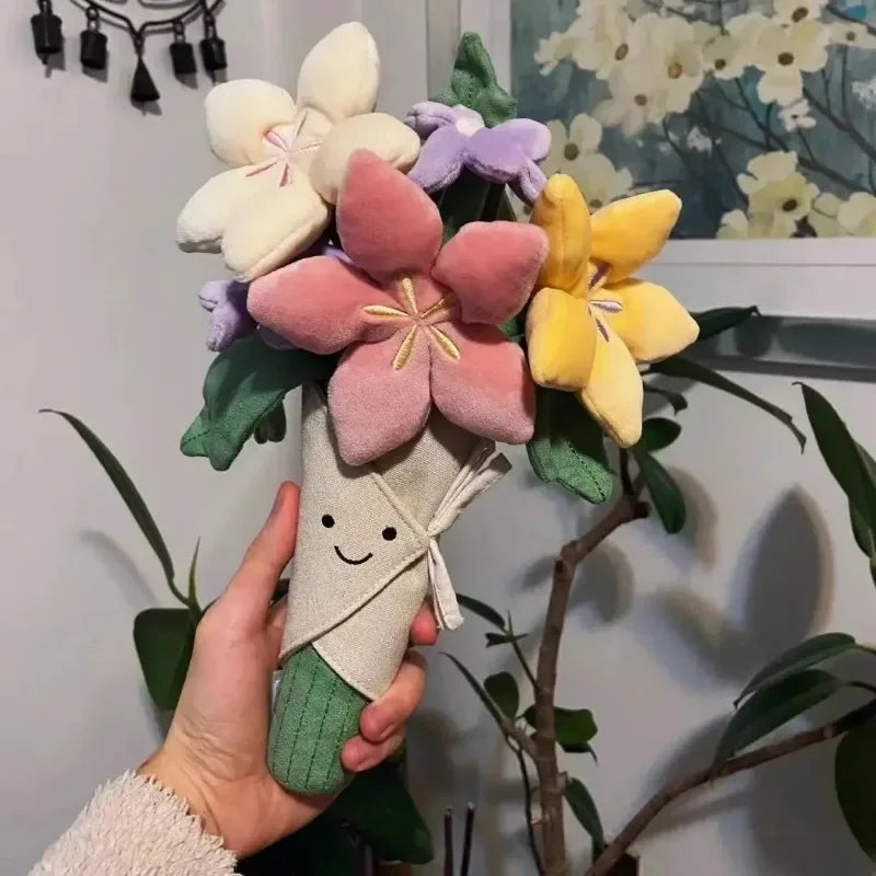 Kawaii plush flower bouquet held by a hand with a smiley face, against a floral wall art background.