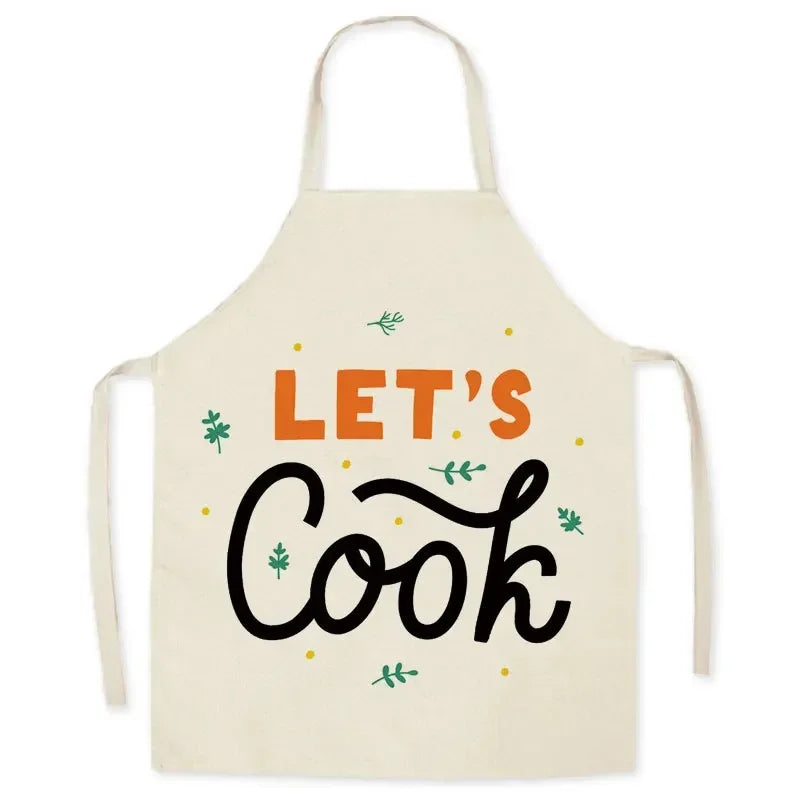 Beige kawaii apron with 'Let's Cook' text on a white background