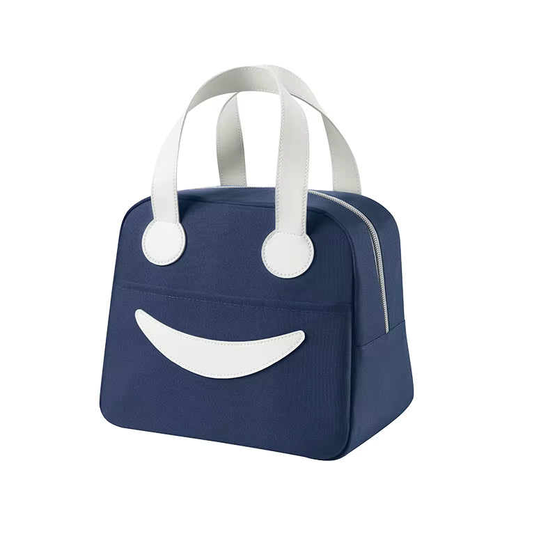 Navy blue bag with a white smiley face design on a white background